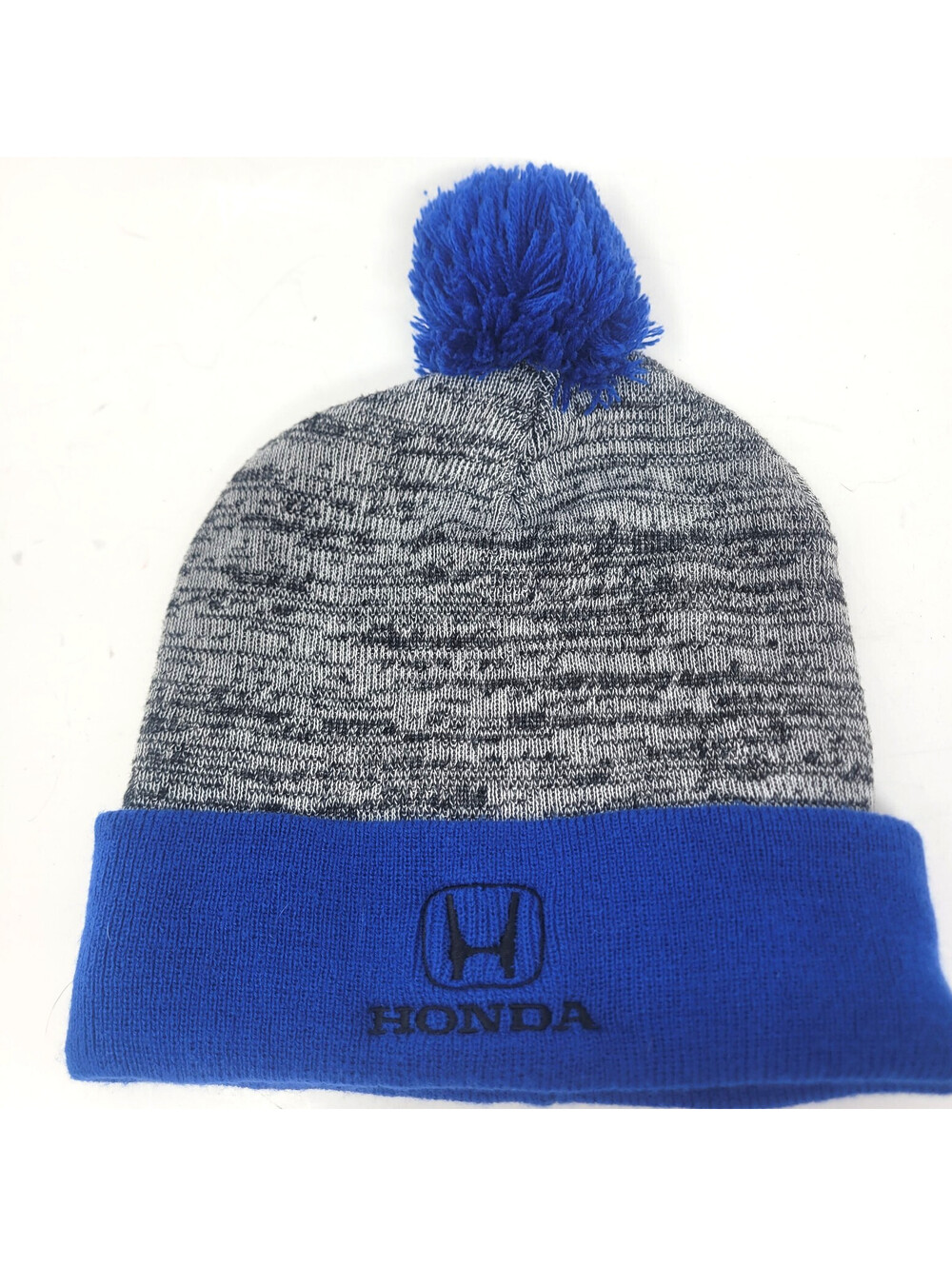 Honda Logo Pom Beanie Knit Hat Gray Marled Blue Cuff Embroidered Winter Cap